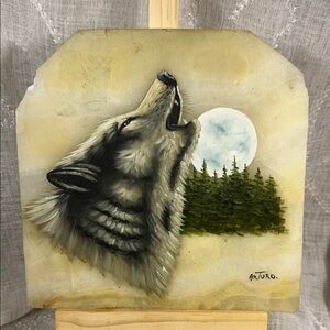 Arturo Oil painting on marble Howling wolf full moon
